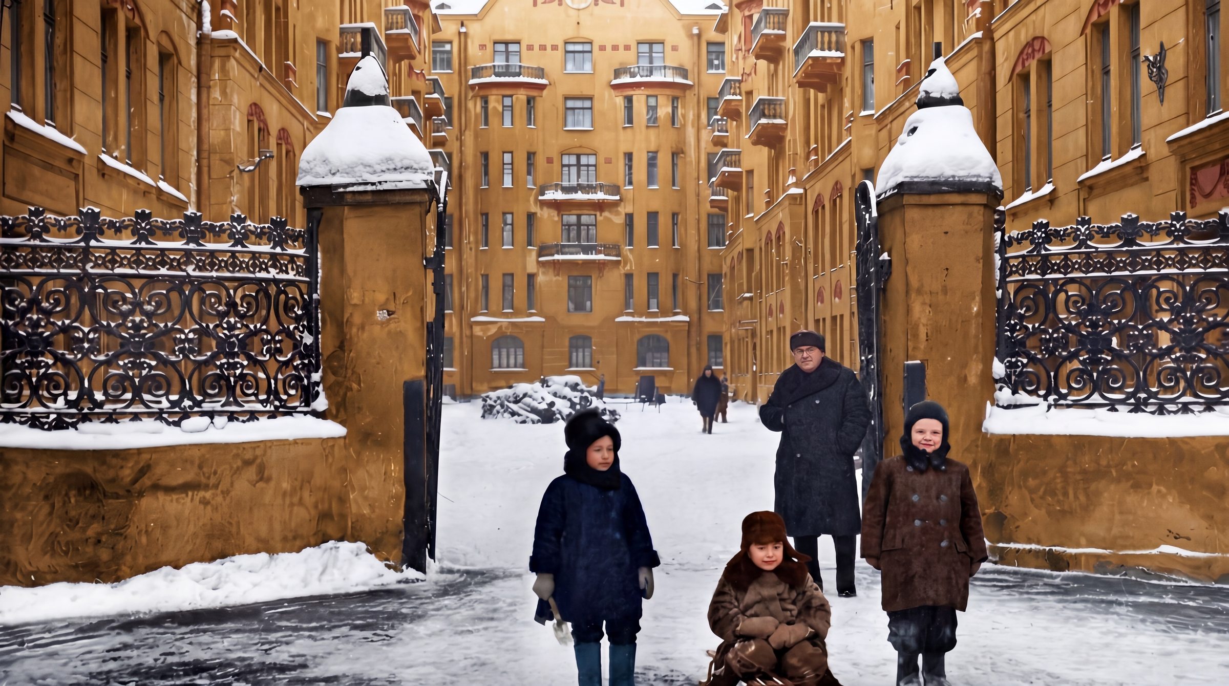 Сергей Мечик (Довлатов) ребёнком на санках у ворот дома, Ленинград, 1948 год: дети во дворе-курдонёре, доходный дом начала XX века в снегу